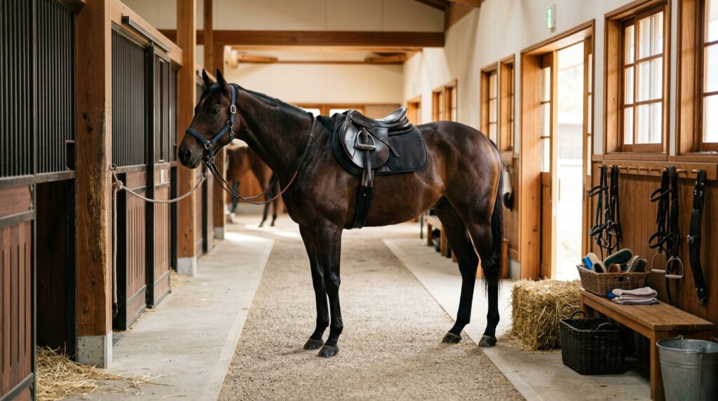 競馬の厩舎コメントを無料で見る方法や読み方、信頼性の見極め方を理解するための厩舎で休む競走馬を表すイメージ画像