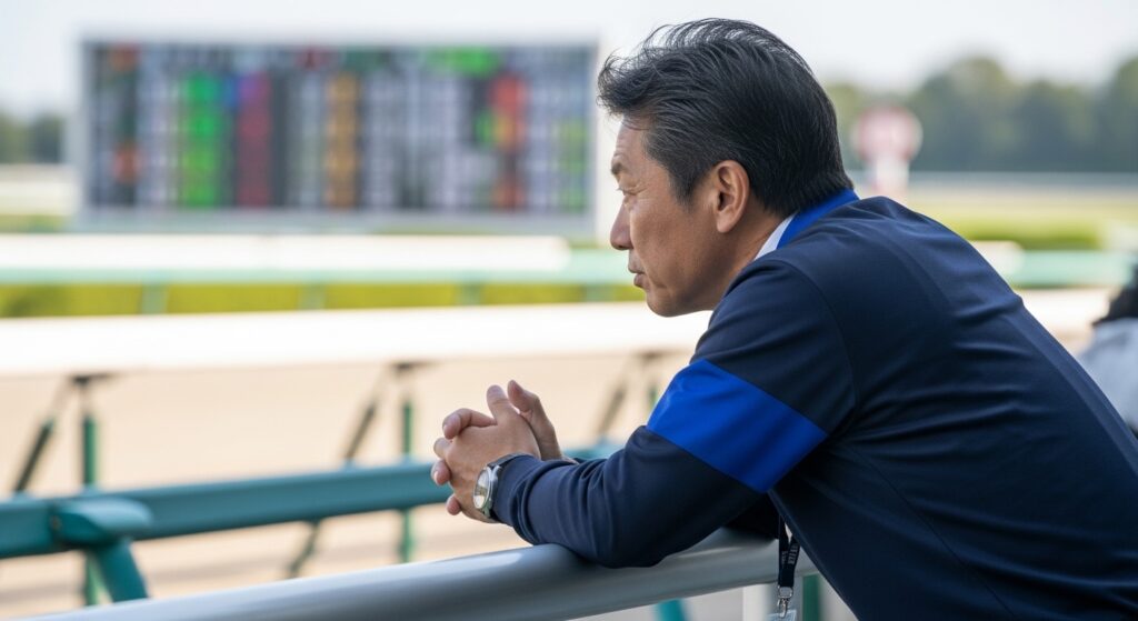 競馬のパドックで馬体や歩様、発汗の状態を確認しながら予想のポイントを見極める様子を表すイメージ画像