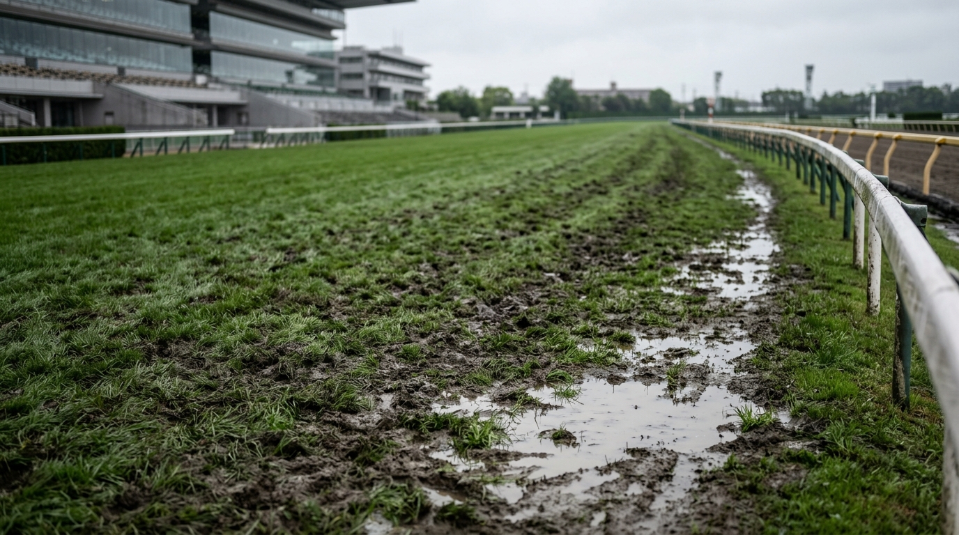 安田記念2026と雨 道悪による馬場悪化を連想させる競馬場のコースや観客席の雰囲気を表したイメージ画像