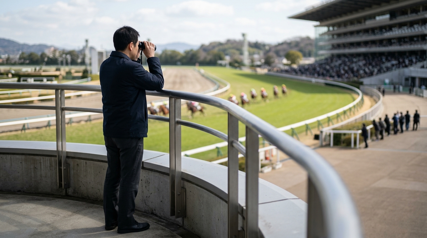 競馬の予想しやすいレースを探す男性が、出走条件やレース傾向を確認しながら分析している様子を表すイメージ画像