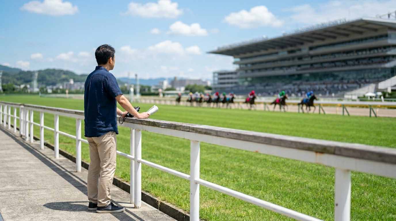 サマーシリーズ2026の予想ポイントを考えながら、競馬場でレース展開や馬の状態を観察する男性を描いたイメージ