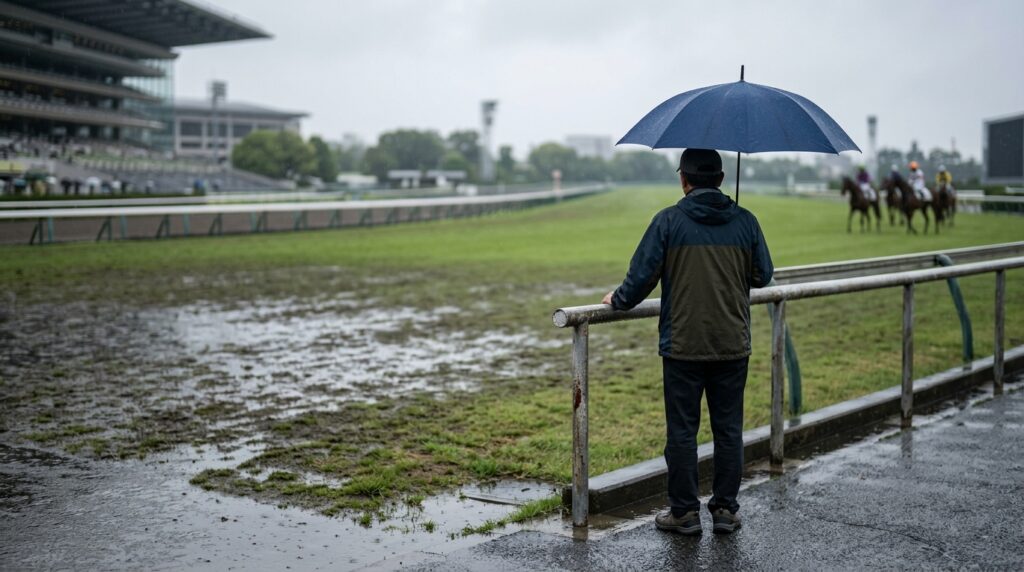競馬場でレースの行方を見守りながら安田記念2026の道悪馬場を分析する様子を表すイメージ画像