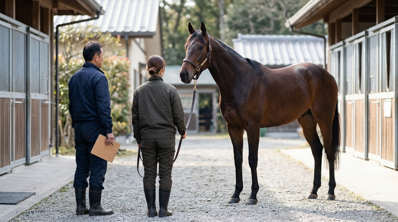競馬の厩舎コメントを無料で見る方法を調べながら、厩舎で競走馬の状態を確認する男性をイメージした画像