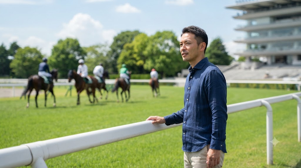 夏競馬予想の精度を上げるため、男性が競馬新聞やレース情報を確認しながら当日の条件を分析している様子を表すイメージ画像