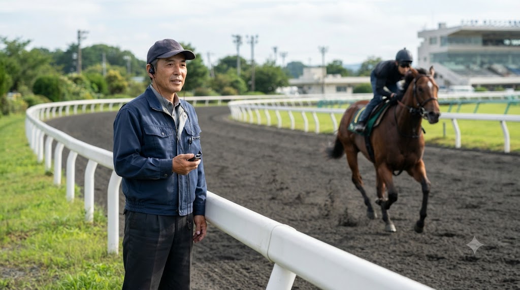 七夕賞2026の追い切りを確認する男性が、出走馬の動きや仕上がりの違いをデータと映像で分析している様子を表すイメージ画像