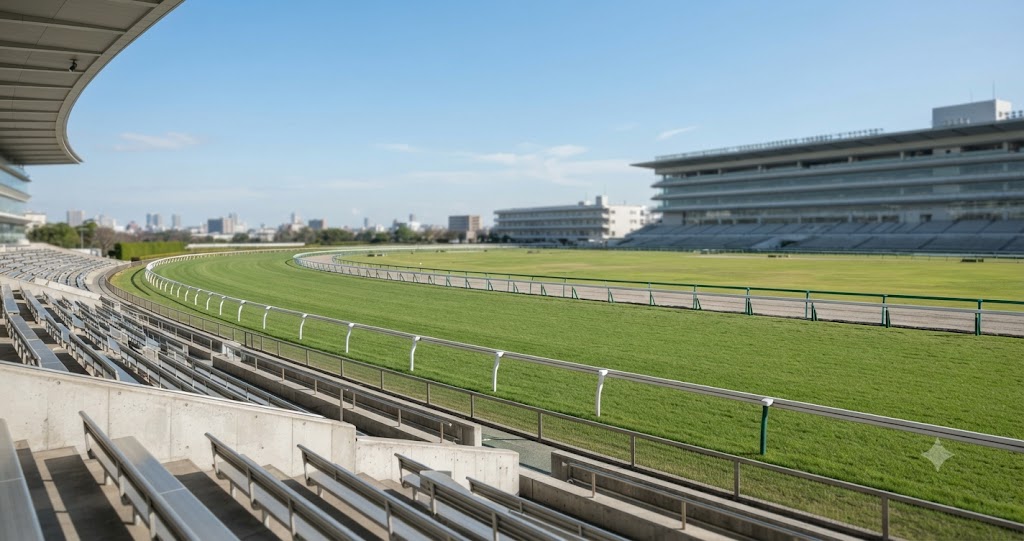 「ペースが流れる」の意味とはをイメージできる競馬場のコースと疾走する競走馬によるレース展開を表すイメージ画像