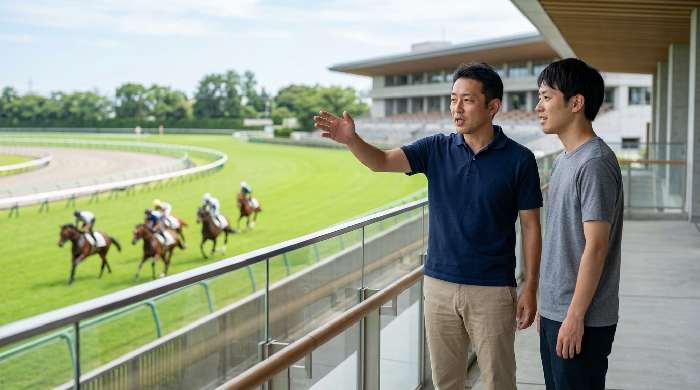 札幌競馬場芝1800mの特徴と傾向を分析する男性が、コース全体を見渡しながらレース展開を考察する様子を表すイメージ画像
