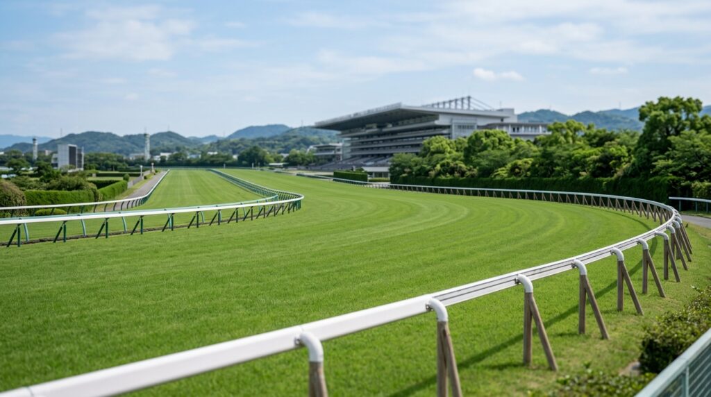 札幌競馬場の芝1800mコースを俯瞰した競馬場全景とレース展開の特徴や傾向を表すイメージ画像