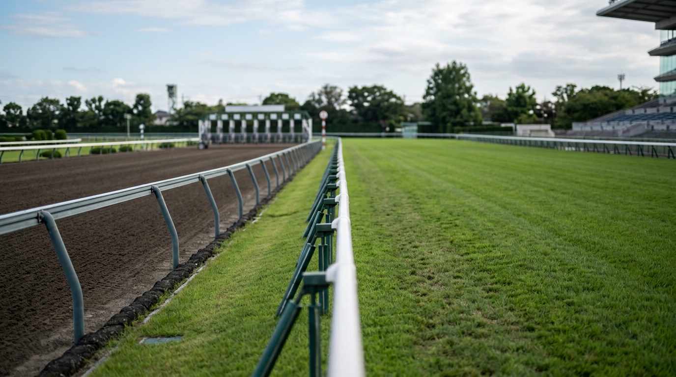 返し馬とは何をする時間かをイメージできる競馬場のコースとレース前の落ち着いた雰囲気を表したイメージ画像