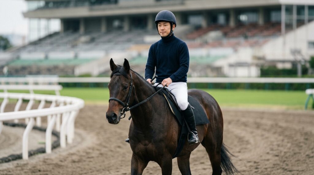 返し馬の時間に騎手が馬の状態や動きを確認しながらレースへ向けて調整している様子を表すイメージ画像