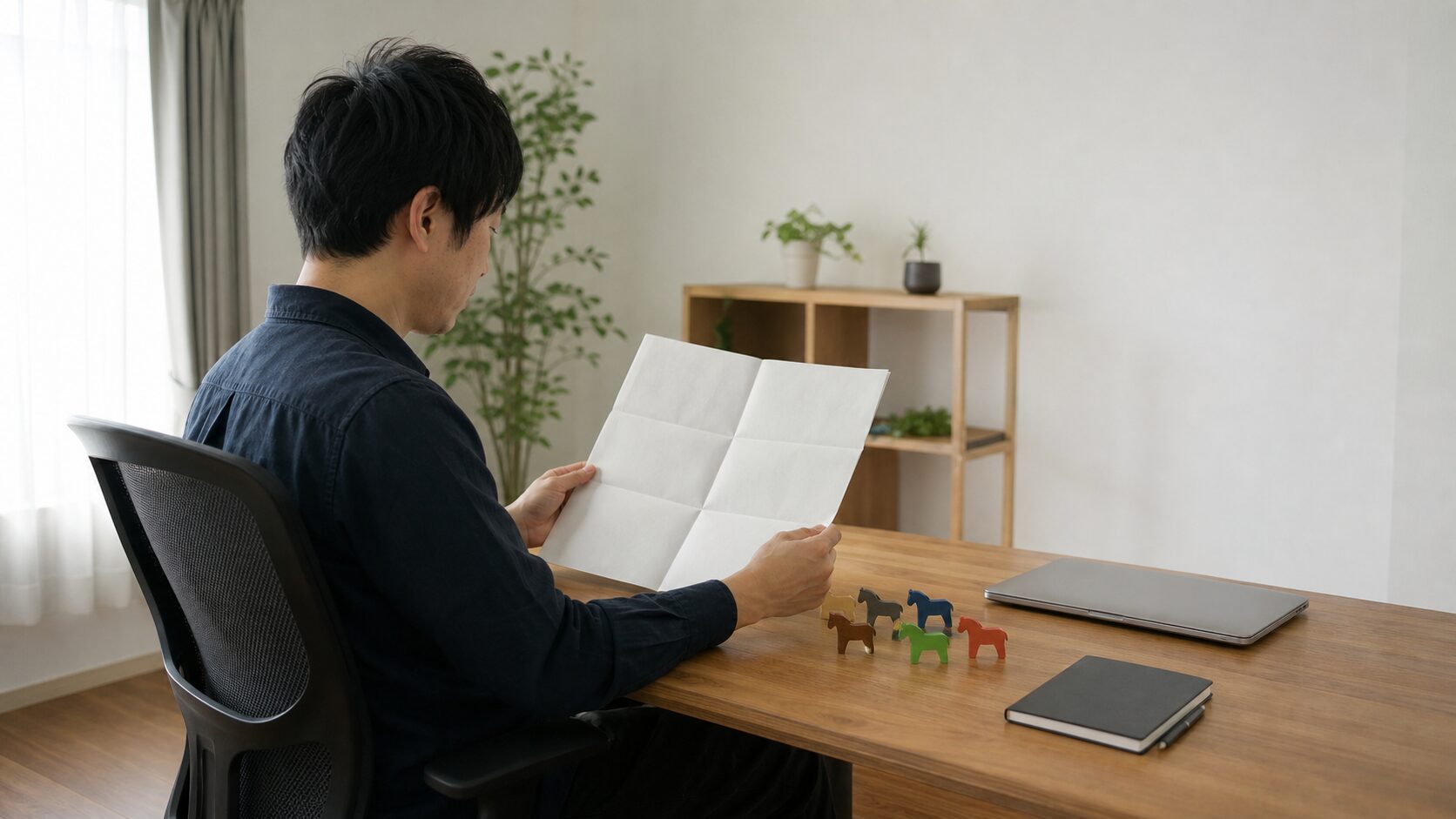 競馬新聞の見方を基本から解説するため、男性が馬柱や印、調教欄を確認しながら予想を組み立てている様子を表すイメージ画像